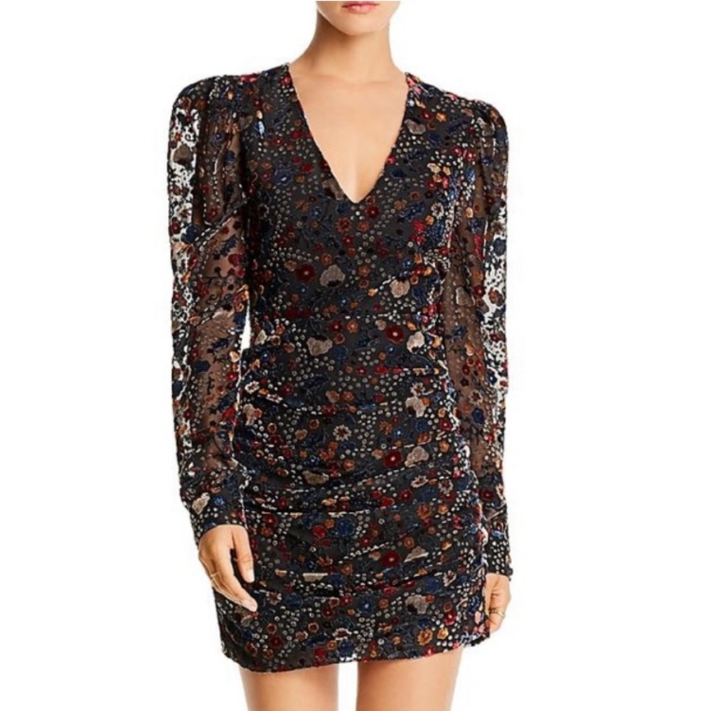 LINI Velvet Floral Puff Sleeve Ruched Mini Dress